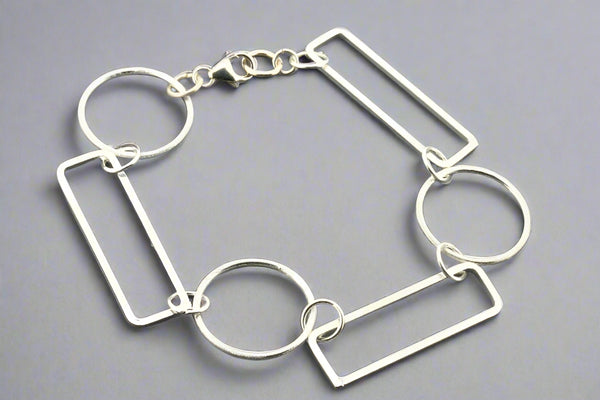 Circle & rectangle link bracelet - sterling silver