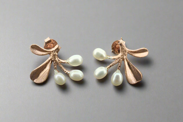 Snowberry pearl studs - rose gold over silver
