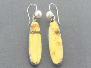 amber and pearl drop earrings - silver