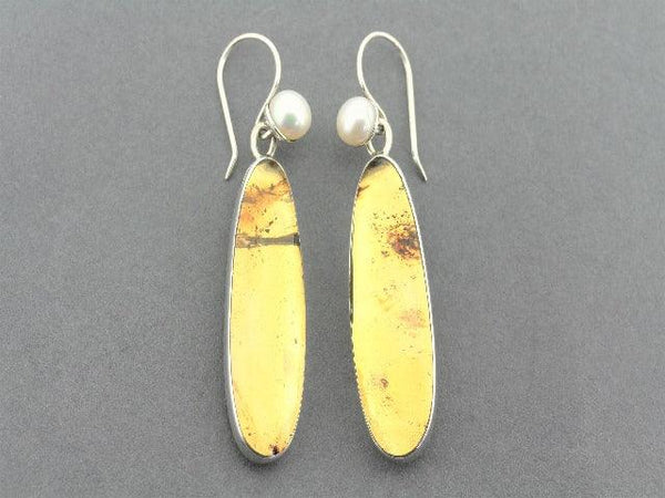 amber and pearl drop earrings - silver