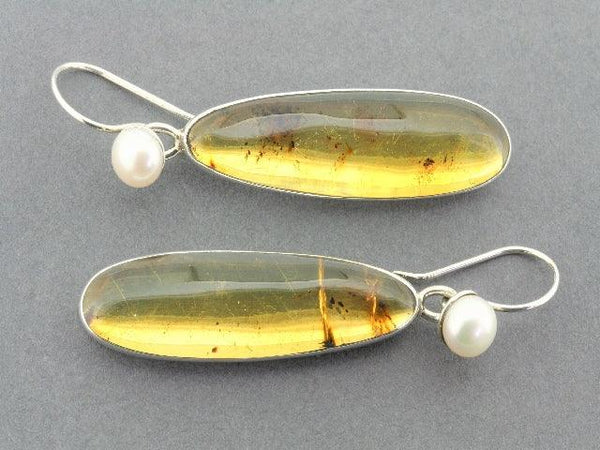 amber and pearl drop earrings - silver