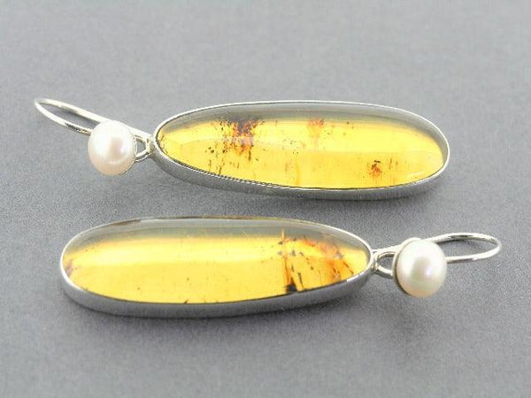 amber and pearl drop earrings - silver