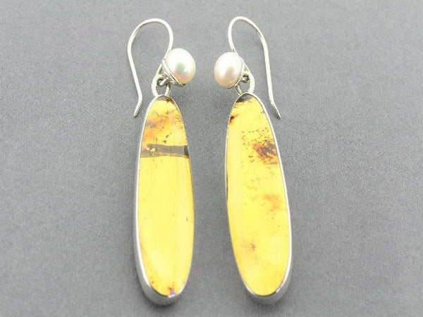 amber and pearl drop earrings - silver