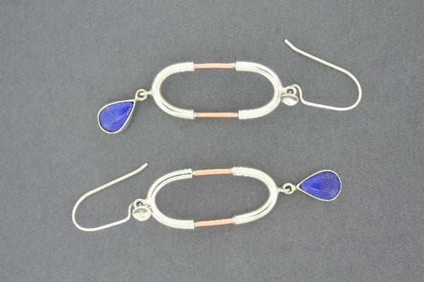 Silver & copper oval earrings with lapis teardrop
