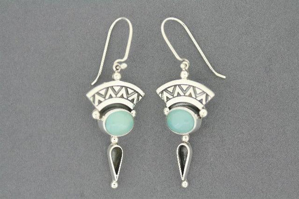 Silver Aztec drop earring with blue chalcedony
