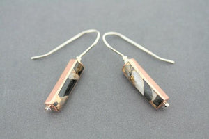 Rectangle copper & silver earrings with bronzed calcite & obsidian - Makers & Providers