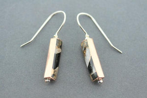 Rectangle copper & silver earrings with bronzed calcite & obsidian - Makers & Providers