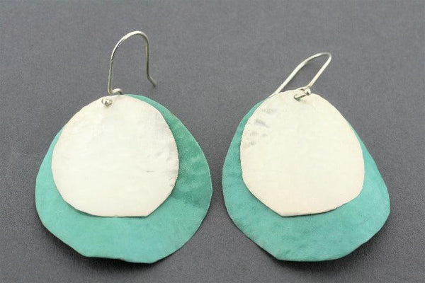 Copper patina and silver disc earring