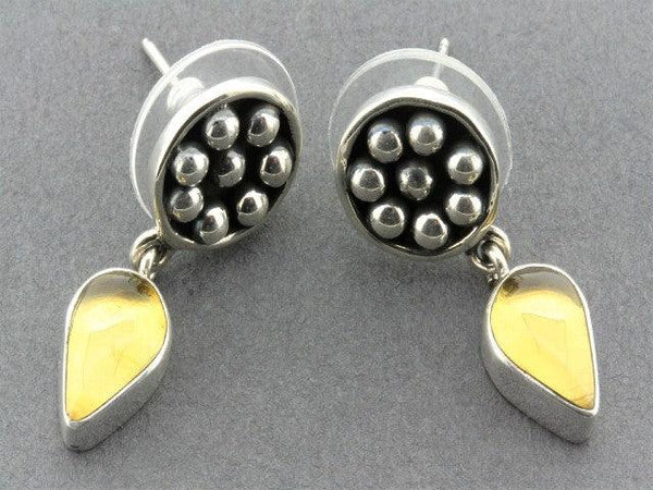 Beaded disc with teardrop earrings - amber & sterling silver