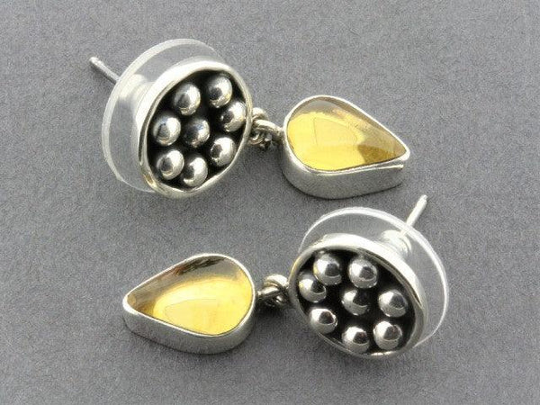 Beaded disc with teardrop earrings - amber & sterling silver - Makers & Providers