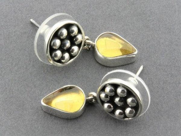 Beaded disc with teardrop earrings - amber & sterling silver