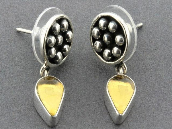 Beaded disc with teardrop earrings - amber & sterling silver - Makers & Providers