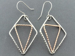 Silver diamond & cooper triangle earring - hammered - Makers & Providers