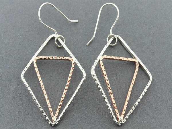 Silver diamond & cooper triangle earring - hammered