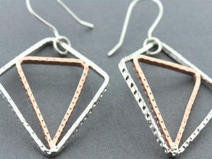 Silver diamond & cooper triangle earring - hammered - Makers & Providers