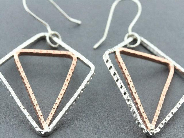 Silver diamond & cooper triangle earring - hammered