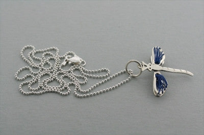 dragonfly wire pendant - blue on 45cm ball chain