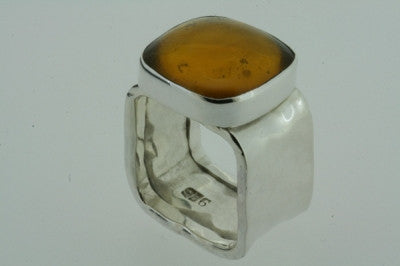 squared battered ring - amber - sterling silver - Makers & Providers