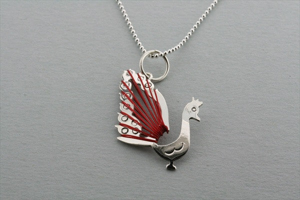 peacock wire pendant - red on 45cm ball chain - Makers & Providers