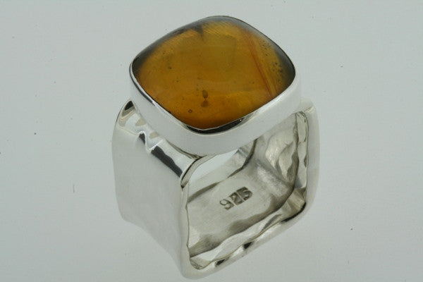 squared battered ring - amber - sterling silver - Makers & Providers