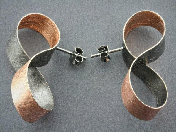 infinity ribbon stud - rose gold & oxidized - Makers & Providers