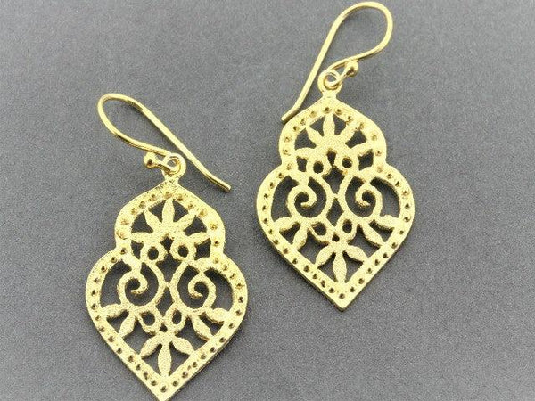 Beaded floral shield earring - 22 Kt gold over silver - Makers & Providers