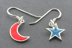 blue star & red moon drop earring - hand enamelled - Makers & Providers