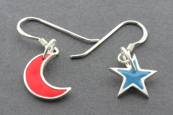 blue star & red moon drop earring - hand enamelled
