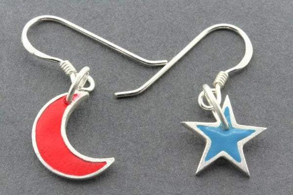 blue star & red moon drop earring - hand enamelled