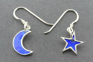 blue star & moon drop earring - hand enamelled - Makers & Providers