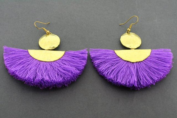 battered brass circle & half moon tassel earring - purple - Makers & Providers
