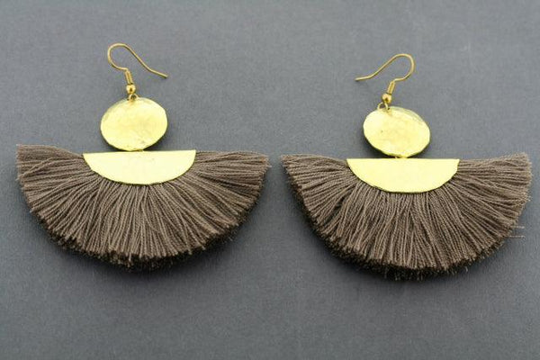 battered brass circle & half moon tassel earring - coffee - Makers & Providers