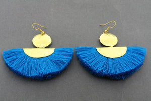 battered brass circle & half moon tassel earring - blue - Makers & Providers