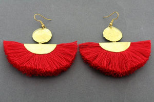 battered brass circle & half moon tassel earring - red - Makers & Providers