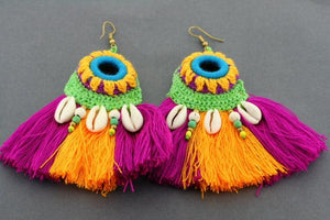 colourful tassel & shell earring - raspberry/gold - Makers & Providers