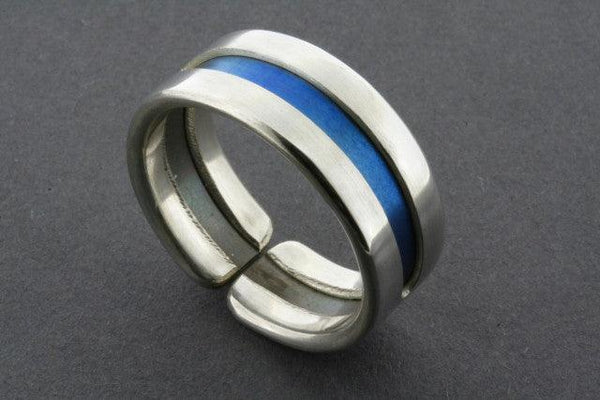 Line titanium/silver ring - blue - sterling silver & titanium - Makers & Providers