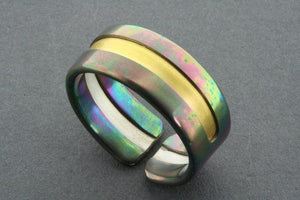 line ring - rainbow titanium with gold line - sterling silver and titanium - Makers & Providers