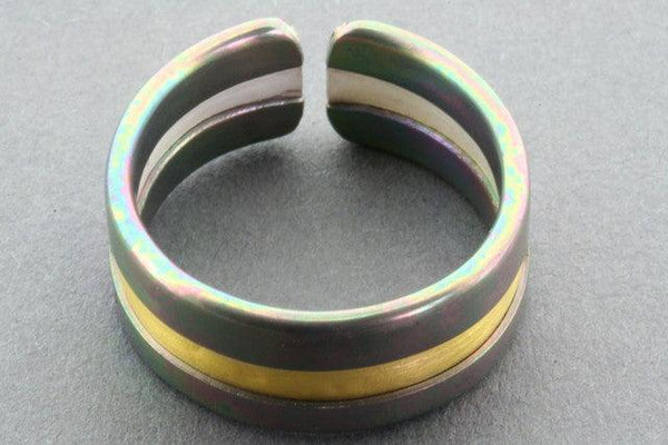 line ring - rainbow titanium with gold line - sterling silver and titanium - Makers & Providers