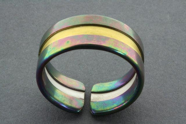 line ring - rainbow titanium with gold line - sterling silver and titanium - Makers & Providers