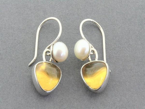 amber and pearl drop earrings - silver