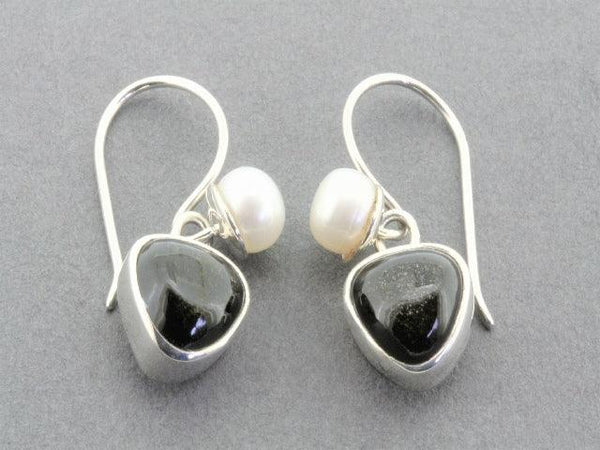 obsidian and pearl silver drop earrings