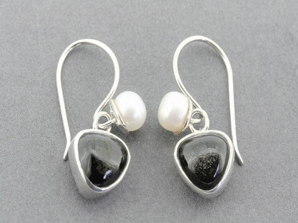 triangular obsidian & pearl earring - sterling silver